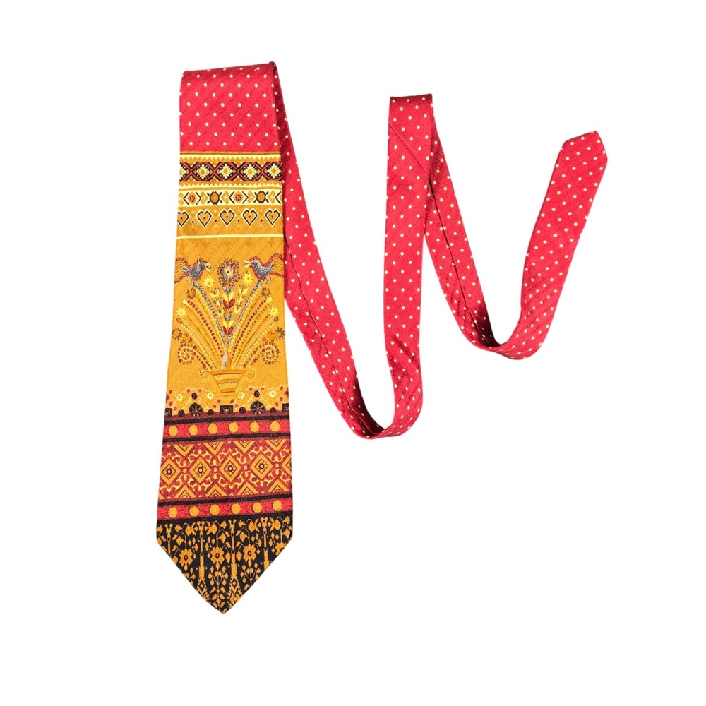 Ermenegildo Zegna Silk Tie Mens Mustard Red Folk Art Floral Polka Dot Italy